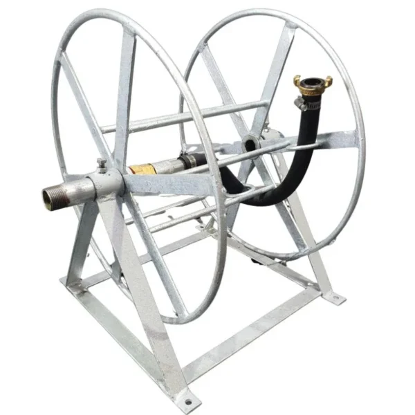 Large galvanised steel diesel hose reel, holds 70 m of 20 mm or 45 m of 25 mm hose, sold empty