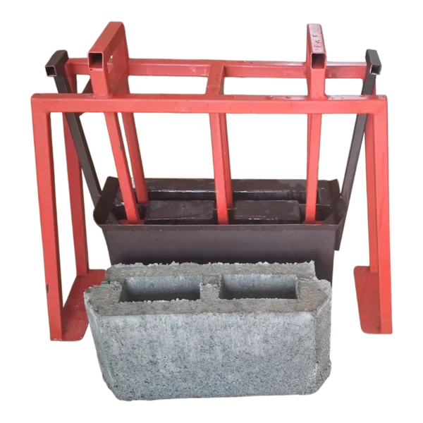 Manual rib block mould with a finished concrete rib block on a black background