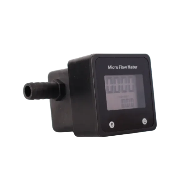 FS200DPF micro digital flowmeter with LCD and 12 mm tube ports, 0.1 to 10 L/min