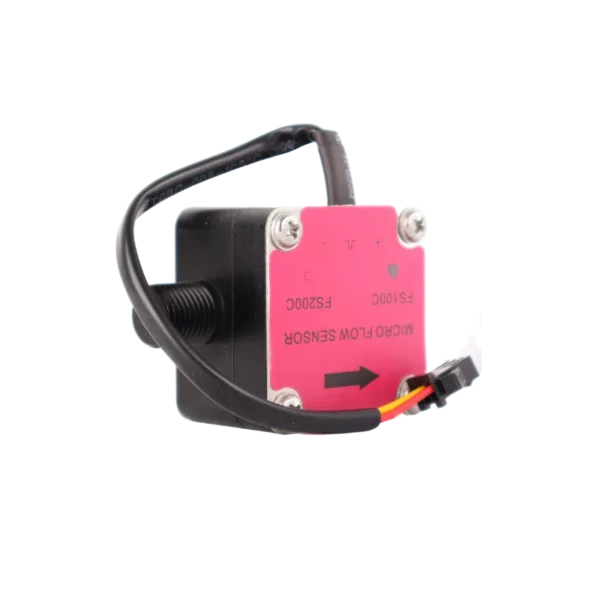 Micro pulse flow sensor for 2-90 L/h with G1/4 inch ports and wiring leads