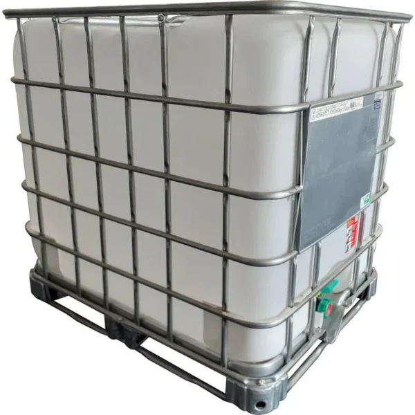 New 1000 L food-grade IBC tank NF275, white HDPE bottle in a steel cage frame on a pallet