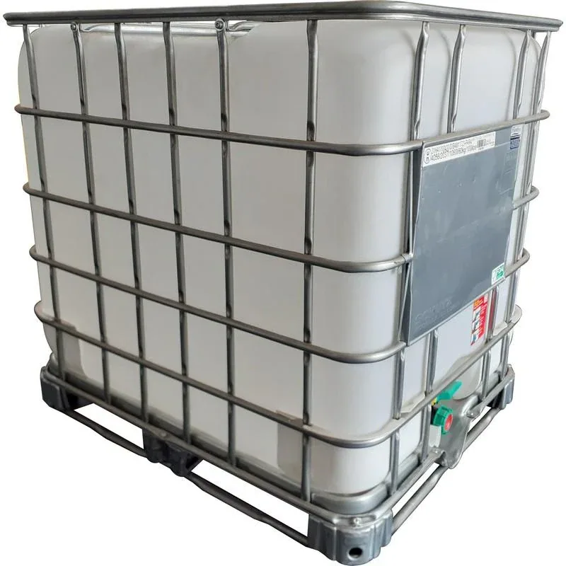 New 1000 L Food-Grade IBC Tank, Code NF275 New 1000 L food-grade IBC tank NF275, white HDPE bottle in a steel cage frame on a pallet