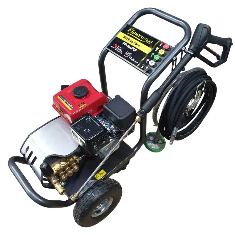 6 HP Petrol Trolley Pressure Washer, 186 Bar, 14 L/min, 8 m Hose 186 bar 6 HP petrol pressure washer, side view