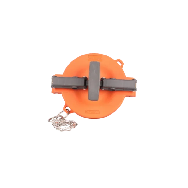 Orange 3 inch plastic vapour recovery dust cap with cam action and chain for tanker adaptors