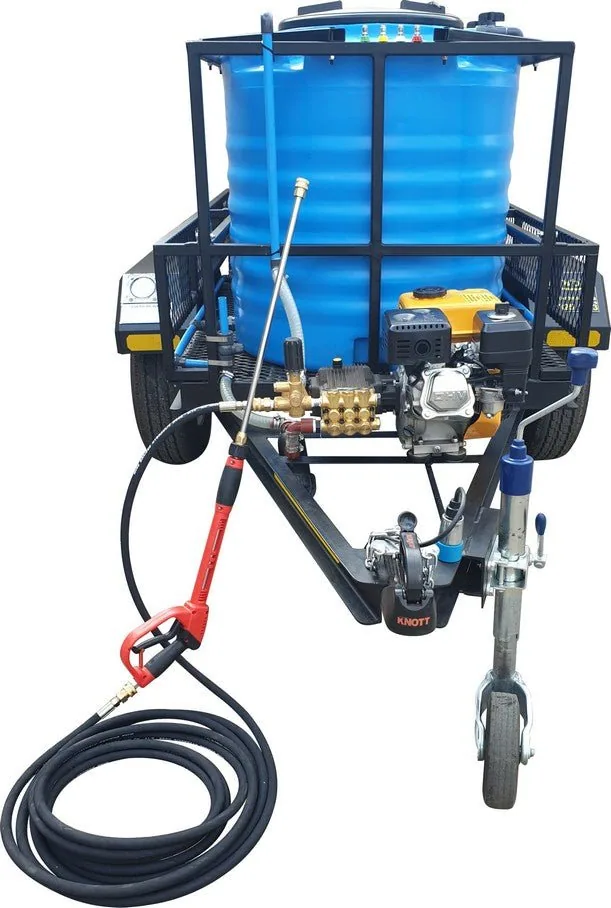 Combo Trailer: 300 L Pressure Washer and 300 L Water Bowser, Unbraked Combo Trailer: 300 L Pressure Washer and 300 L Water Bowser, Unbraked, rear and hose view