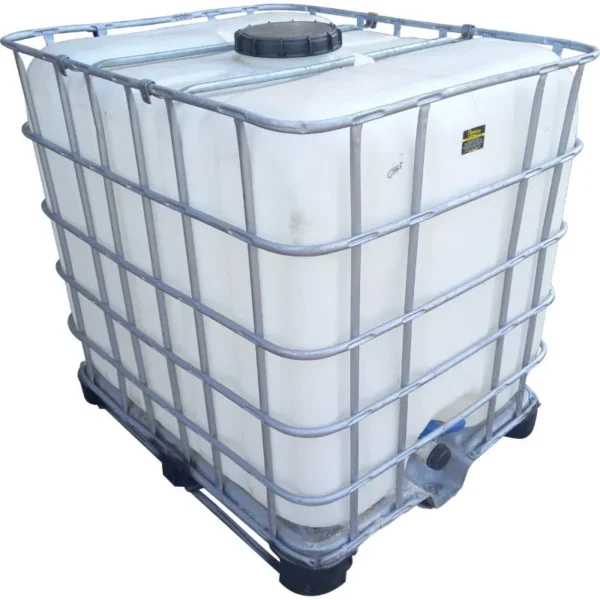 Reconditioned 1000 L chemical-grade IBC tank C145 with steel cage and bottom valve