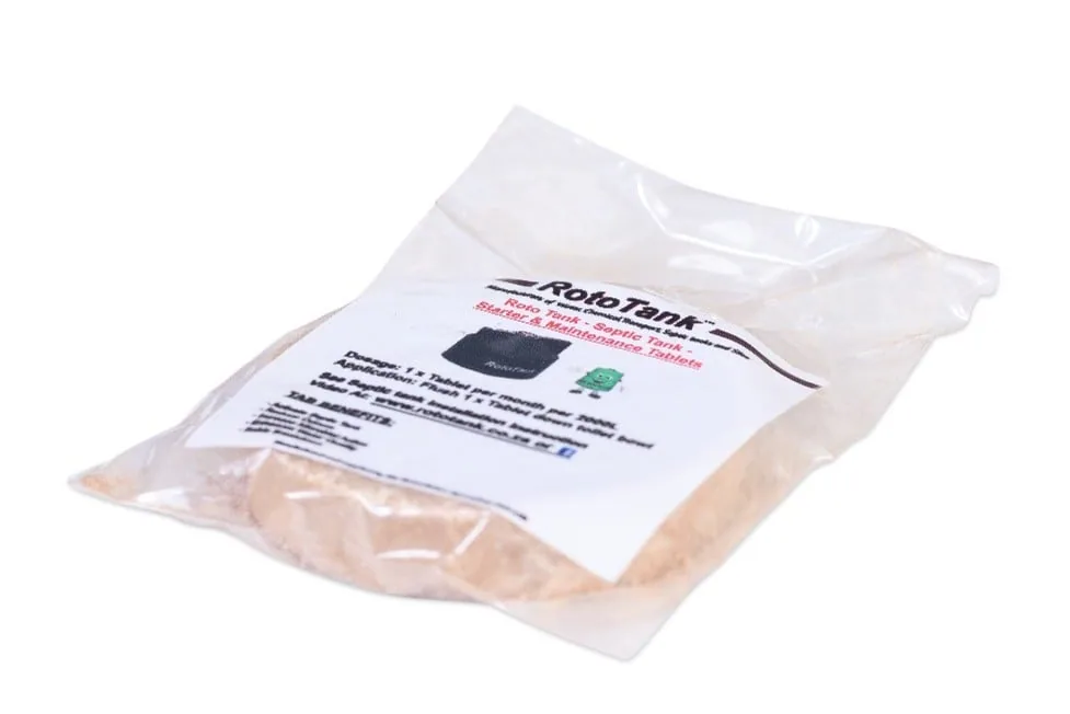 Septic Tank Starter Tablet, 1 Tablet per 2000 L Single septic tank starter tablet shown beside the tank dosing guide