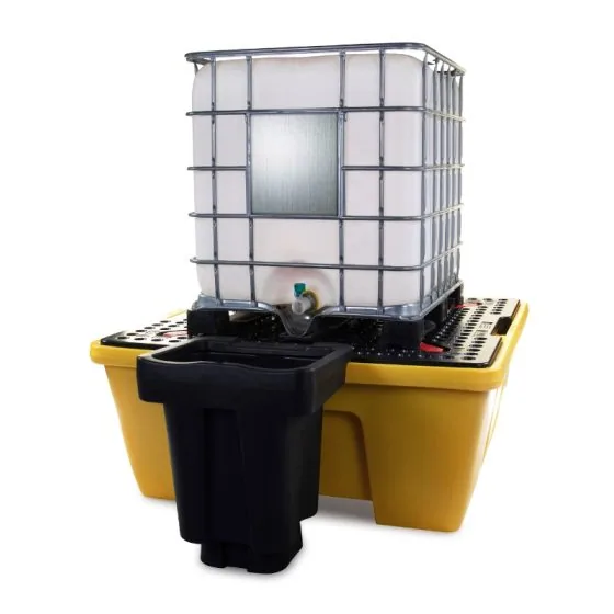 Single IBC Spill Pallet Bund, 1260 L Sump, 2500 kg IBC standing on the single IBC spill pallet platform