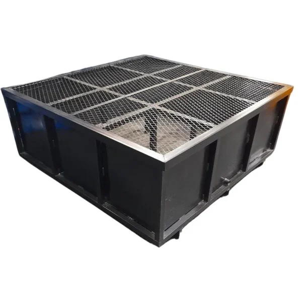 Black spill cage with grid for bunded container storage