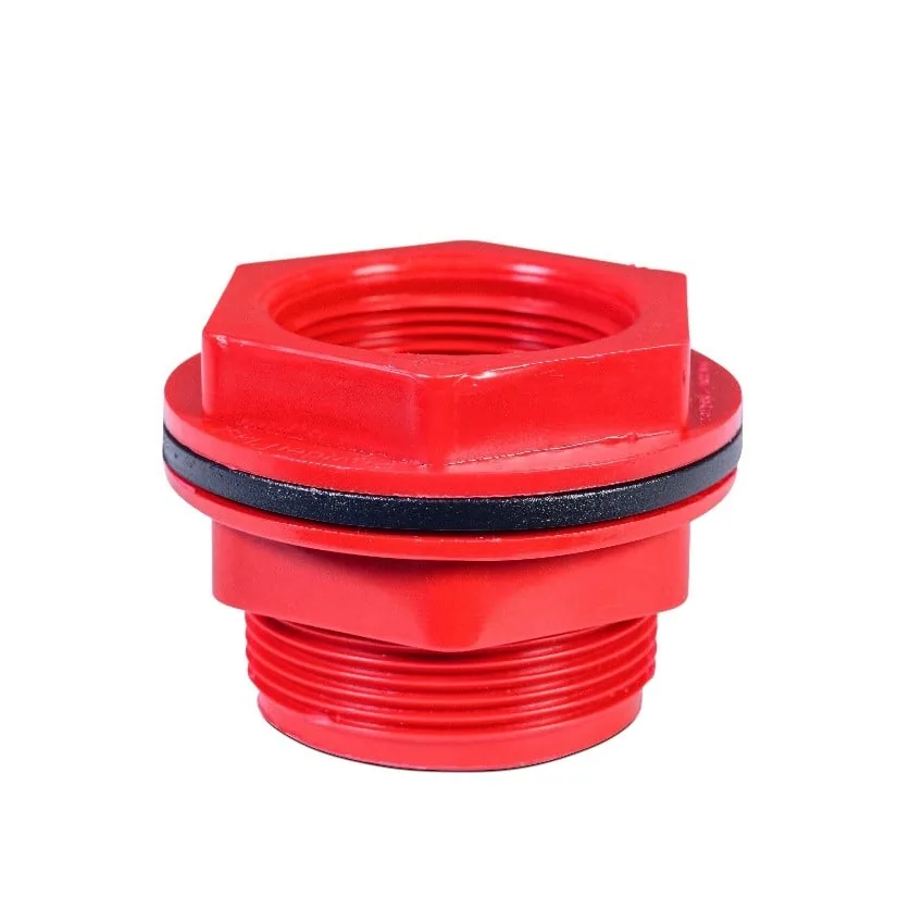 Threaded 40 mm Red Tank Fitting with Seal, BSP, FITT40 40 mm red plastic tank fitting, close view of thread and seal