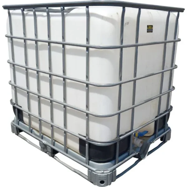 Used 1000 L fertiliser-grade IBC tank in a steel cage on a pallet, model F125