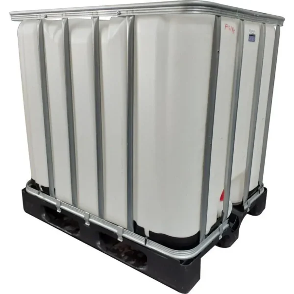 Used 1000 L food-grade IBC tank in a steel cage on a pallet, model FG150-80