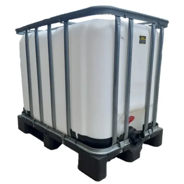 Used 600 L food-grade IBC tank with 80 mm outlet tap, model FG60-80