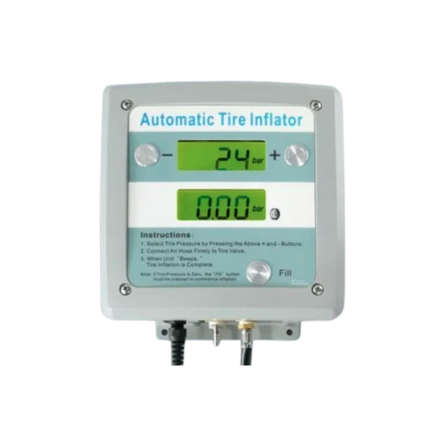 Wall-mounted digital tyre inflator with dual screens, 5 to 145 psi