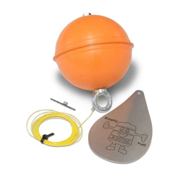 Water tank level indicator kit with orange float ball and stainless steel teardrop gauge