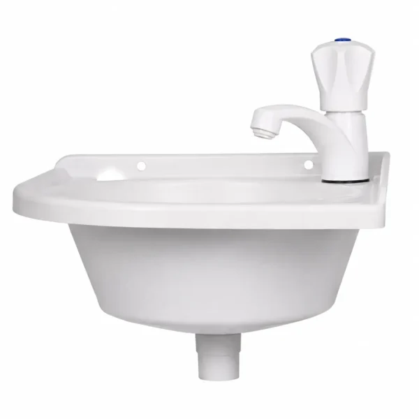 White plastic corner basin with plastic tap, 345 mm square